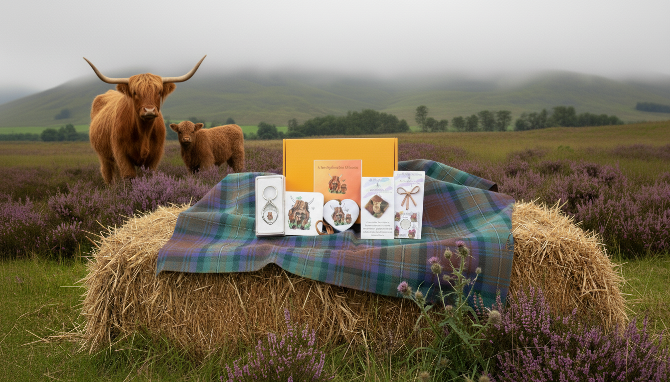 A selection of Highland Cow gifts, designed and hand crafted in Scotland