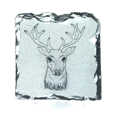 Square hand-crafted rock slate coaster featuring a pencil sketch of a Highland Stag