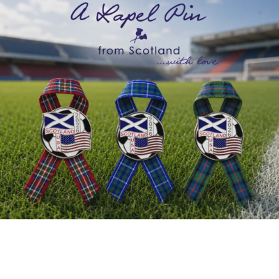 Three World Cup 2026 lapel pins in choices of Flower of Scotland, Royal Stewart or Ancient Douglas tartans